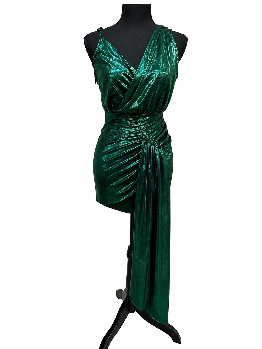 METALLIC GREEN ASYMMETRIC MINI DRESS WITH SASH